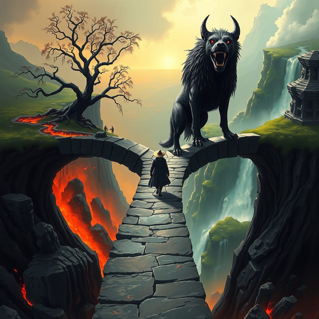 Surreal Figure on Haunted Bridge, Hellhound's Domain