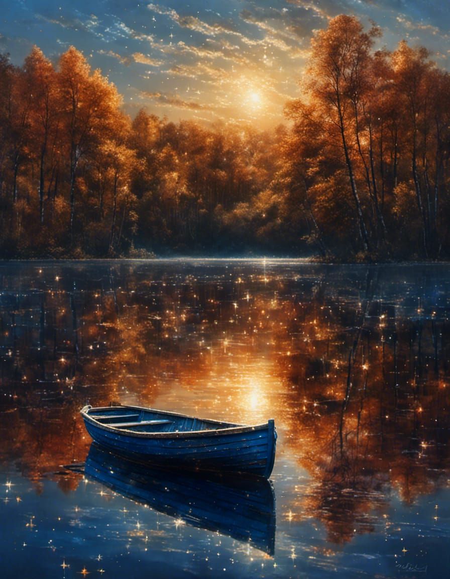 Rowboat on Autumn Lake in Blue Hour Light