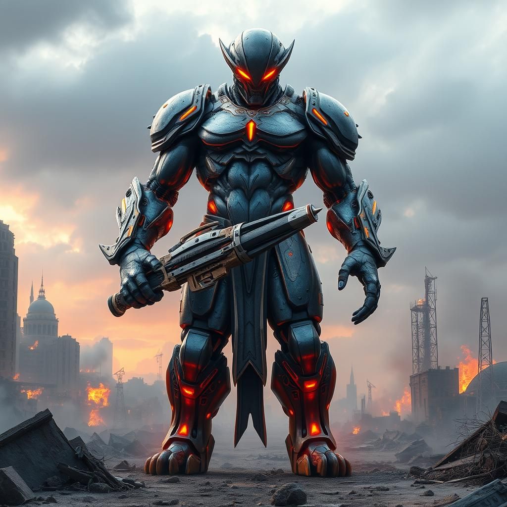 Armored Alien Warrior in Apocalyptic Sci-Fi Landscape