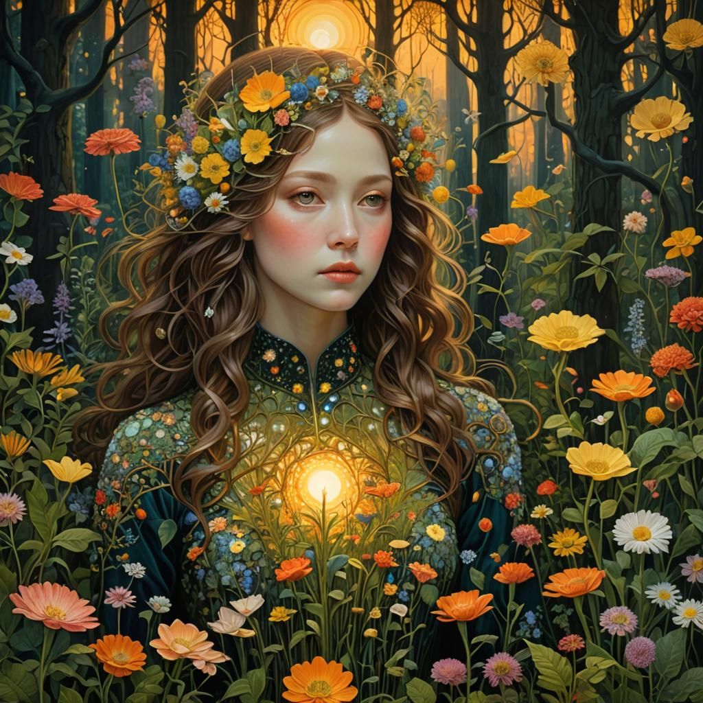 Sunset Woman in Floral Forest, Art Nouveau Style