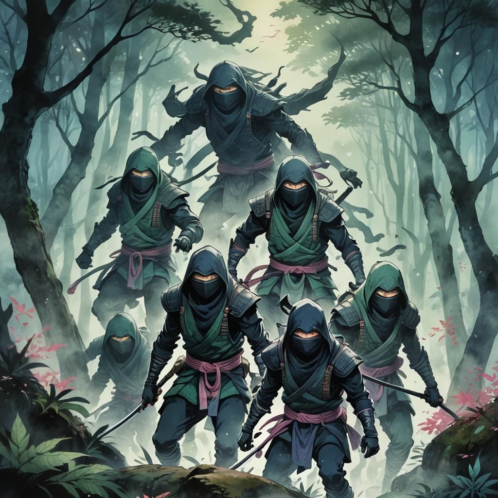 Four-Headed Ninja Creature in Dreamy Watercolor Style