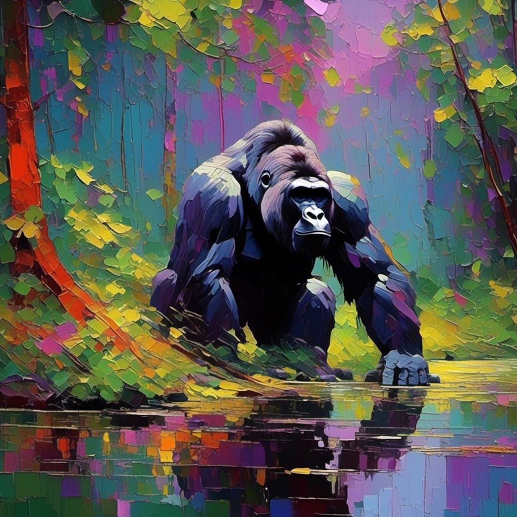 Silverback Gorilla in Jungle Stream as Impasto Painting