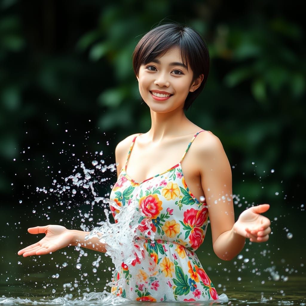Woman Splashing Water in Summer Dress