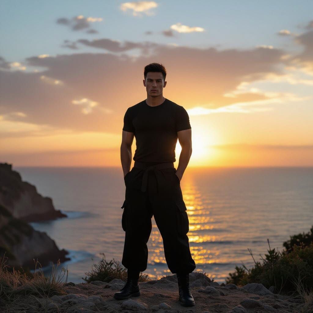 Athletic Man on Cliff at Sunset, Golden Light