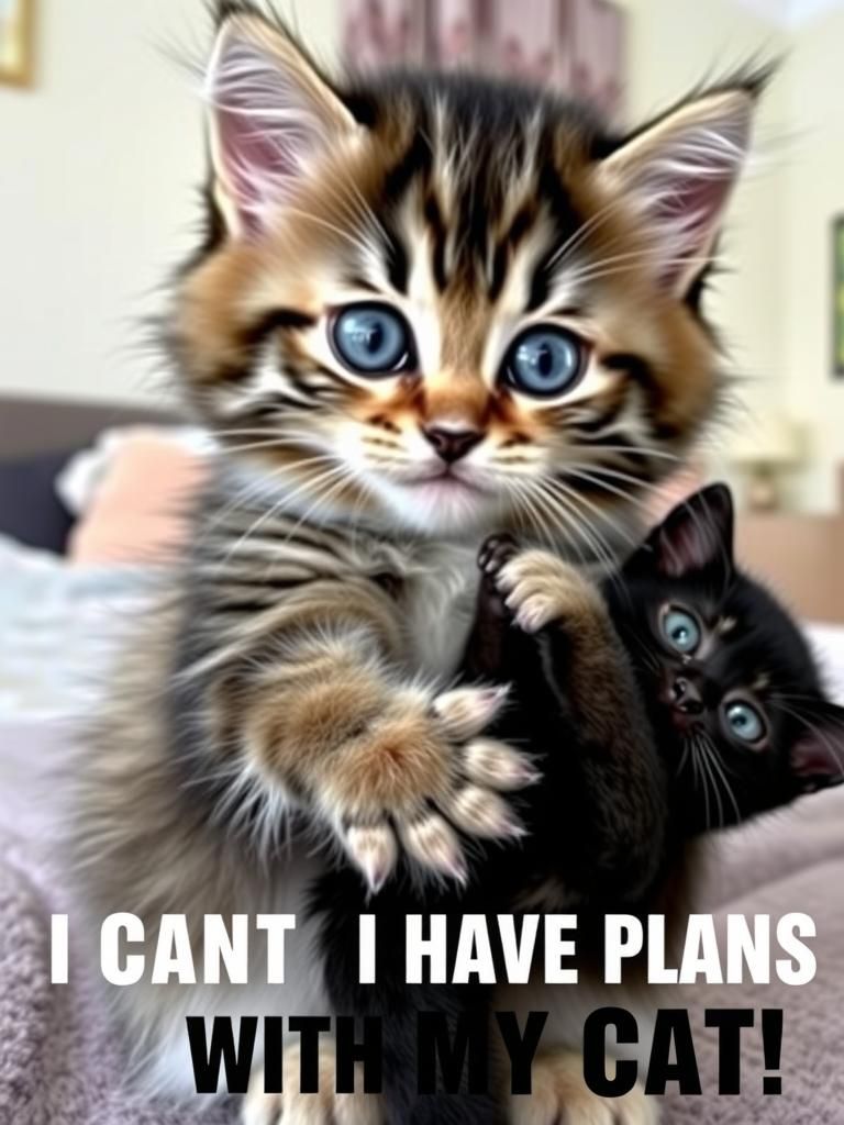 Fluffy Kitten with Blue Eyes Holding Black Kitten