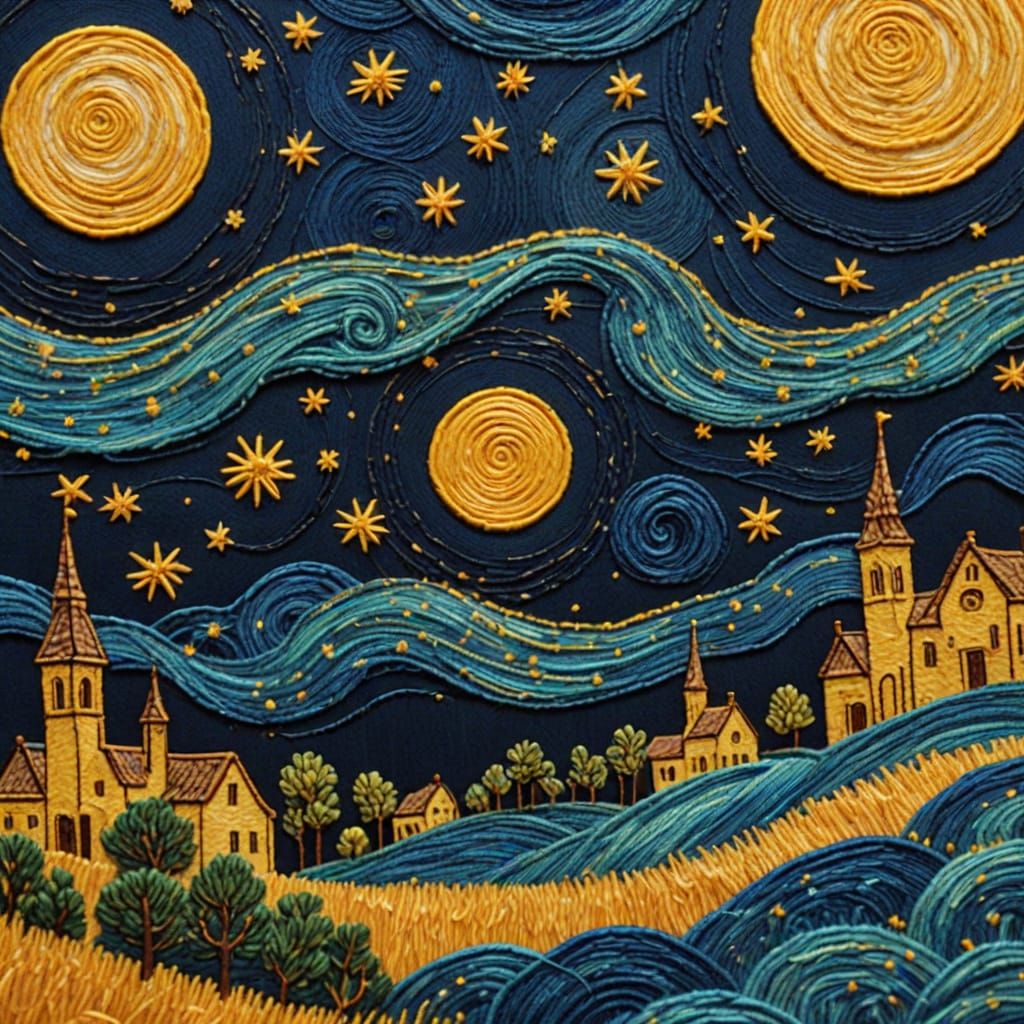 Van gogh starry night skyline embroidered on buff napkins