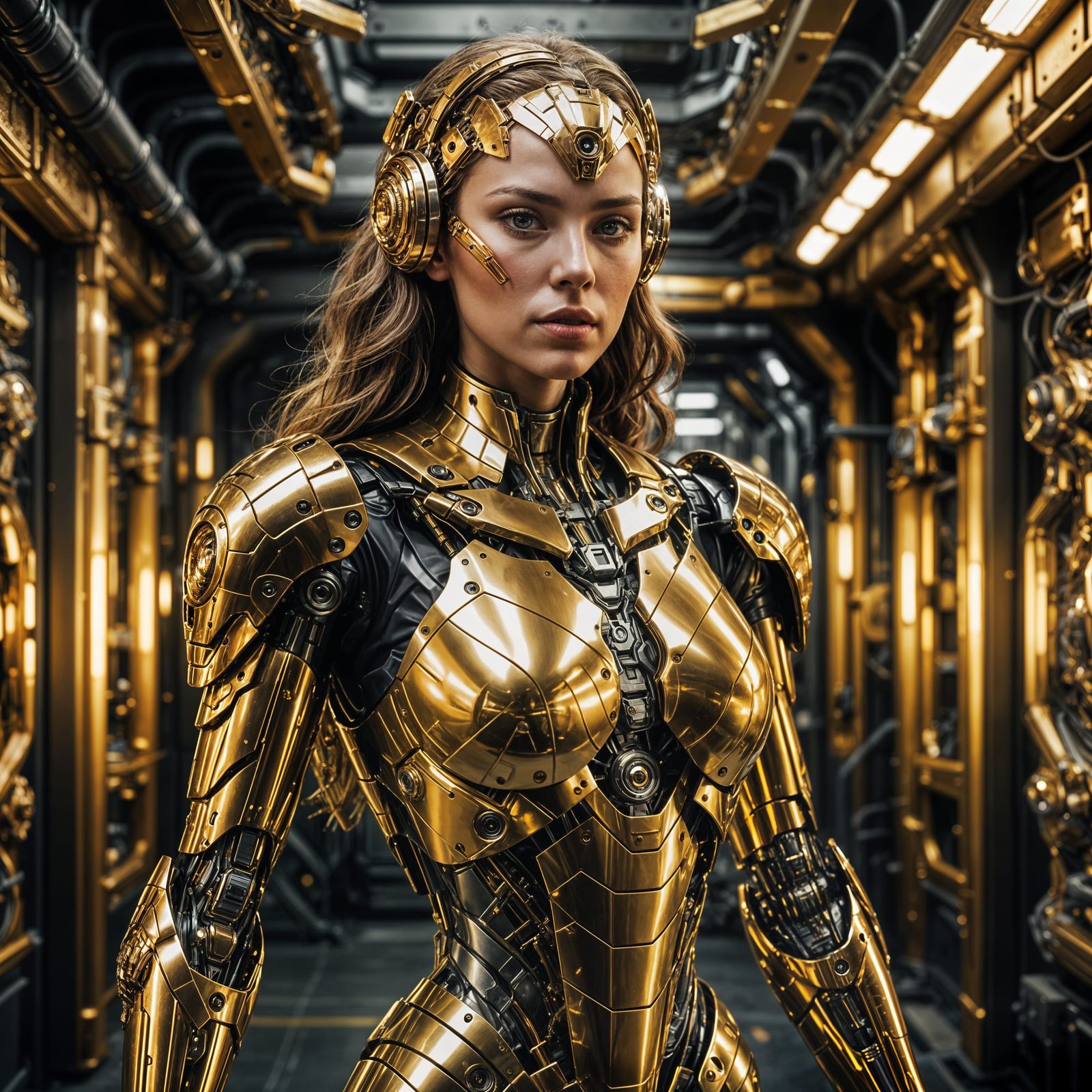 Hyperrealistic Golden Cyborg Woman in HDR