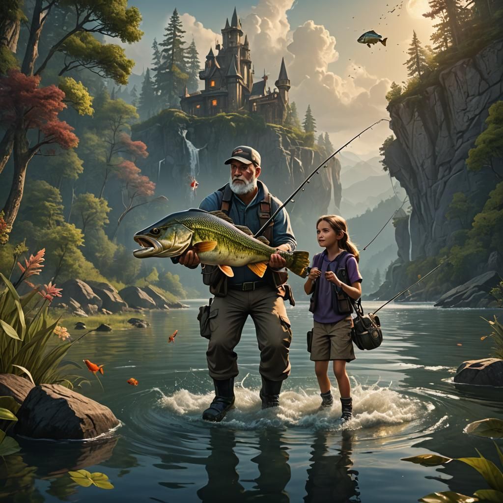 Father and Daughter Bass Fishing in Detailed Matte Painting