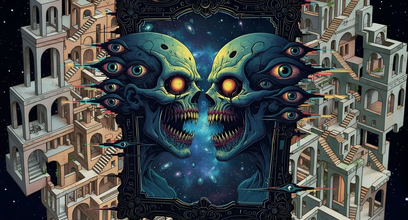 Grotesque Cosmic Horror Head Devouring Reflection