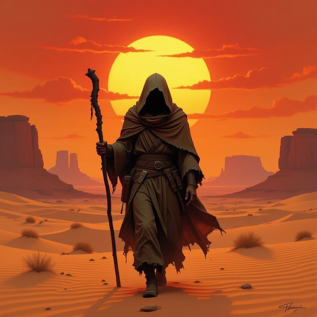 Desert Wanderer Silhouette at Sunset: Dystopian Realism