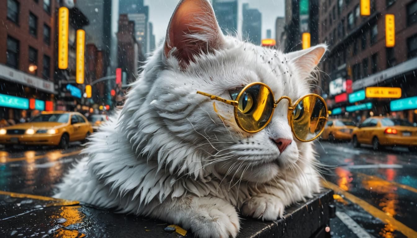 White Cat in Rainy New York City Gutter