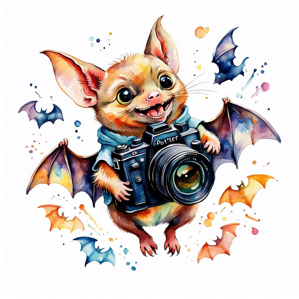 Watercolor Bat Photographer: Whimsical Impressionist Illustr...