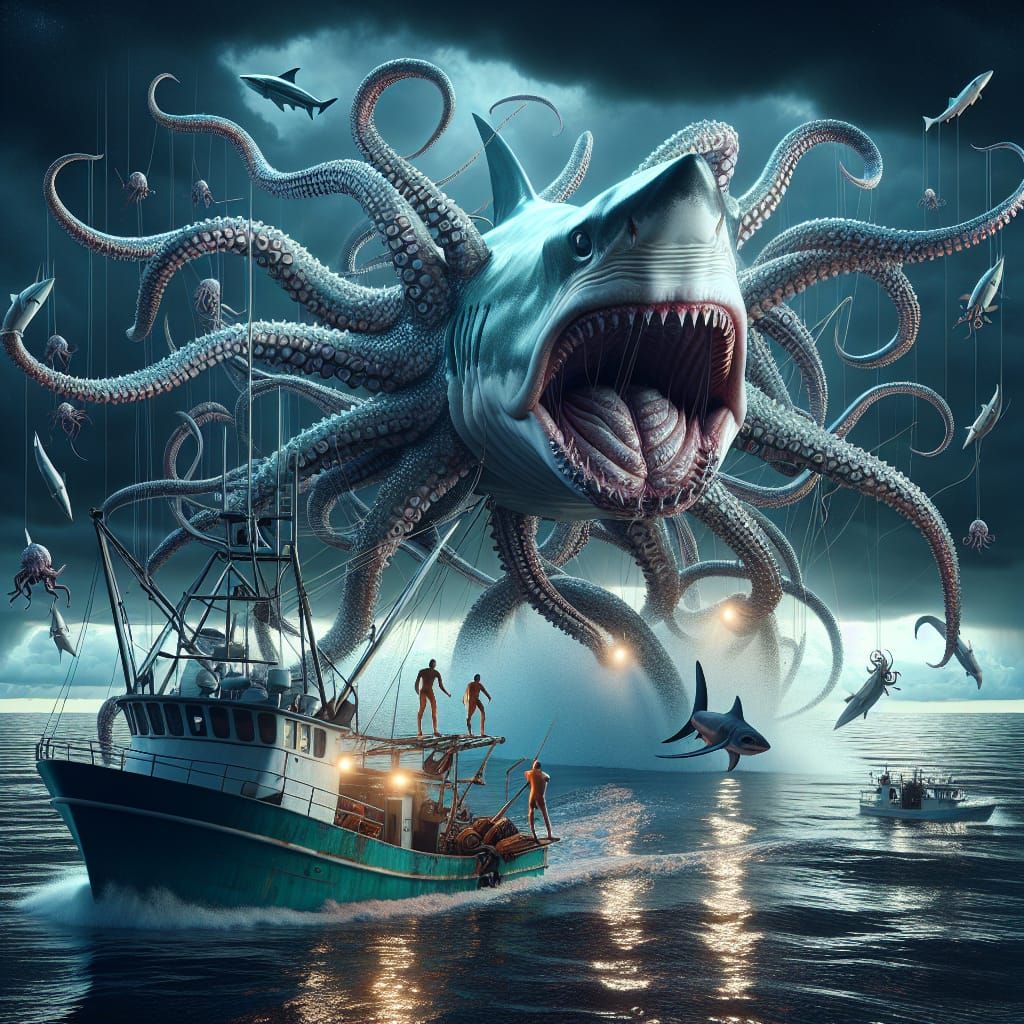 Imposing Sharktopus Looms Over Fishing Boat