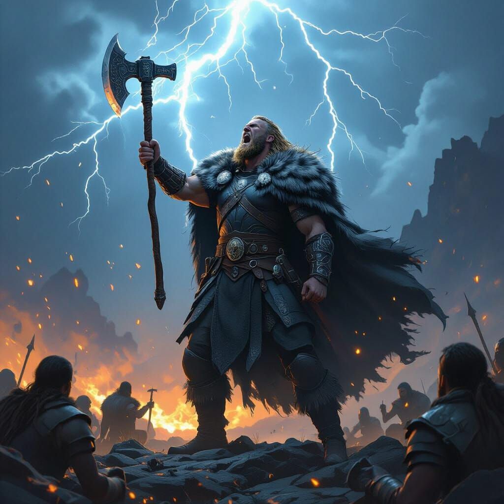 Victorious Viking Warrior Roaring at Lightning Storm
