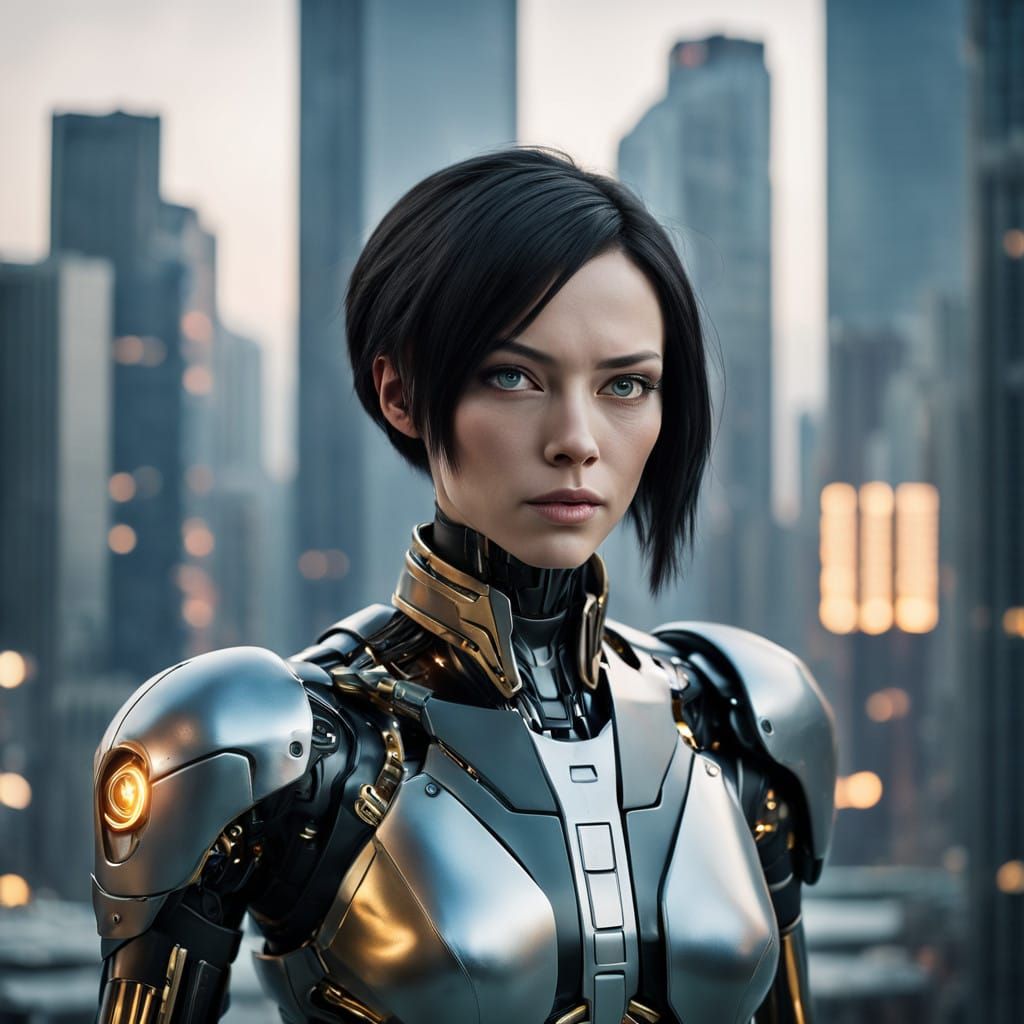 Cyborg in Futuristic Cityscape