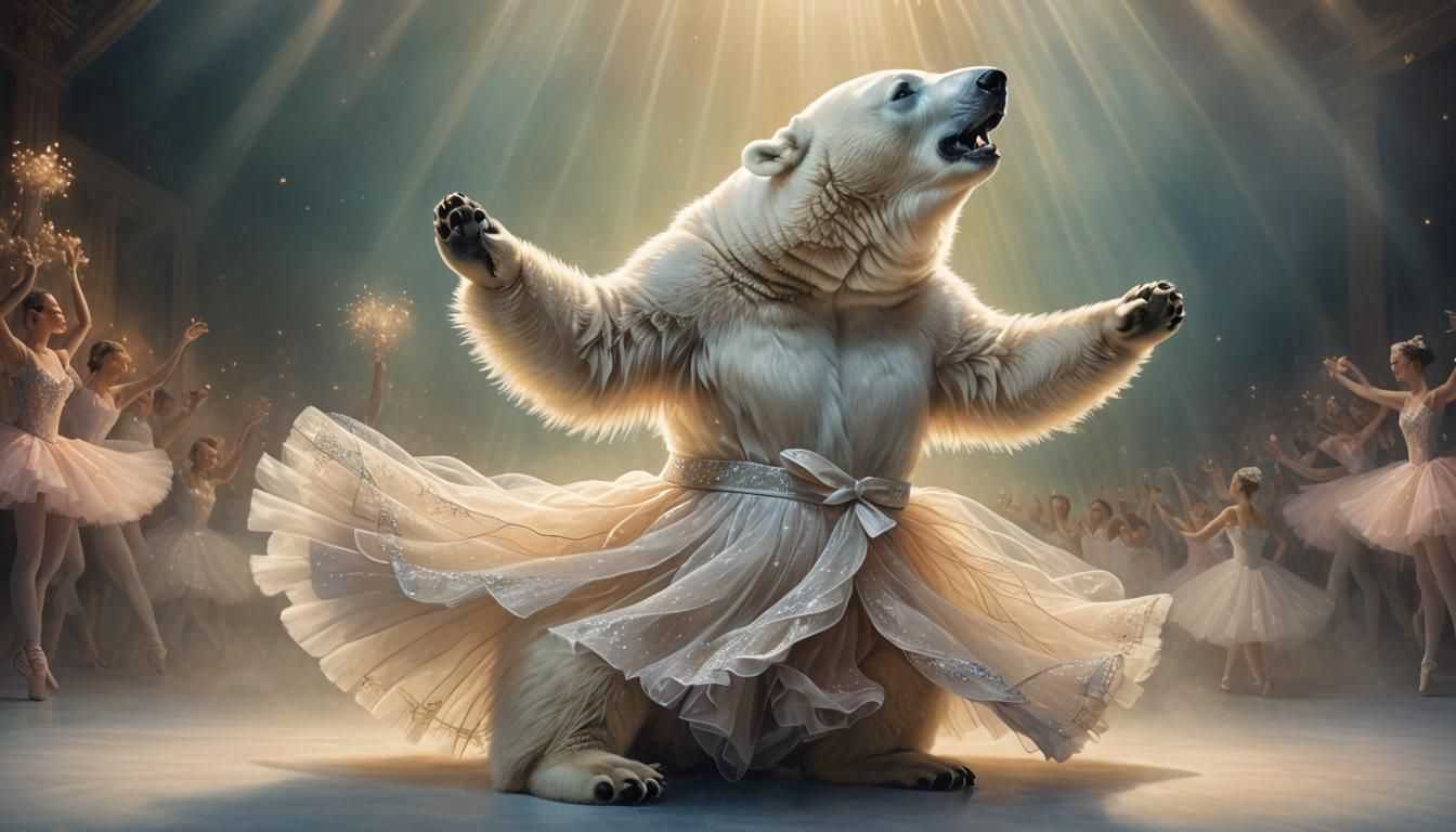 Polar Bear Ballerina in Dramatic Spotlight: 8K Wildlife Art