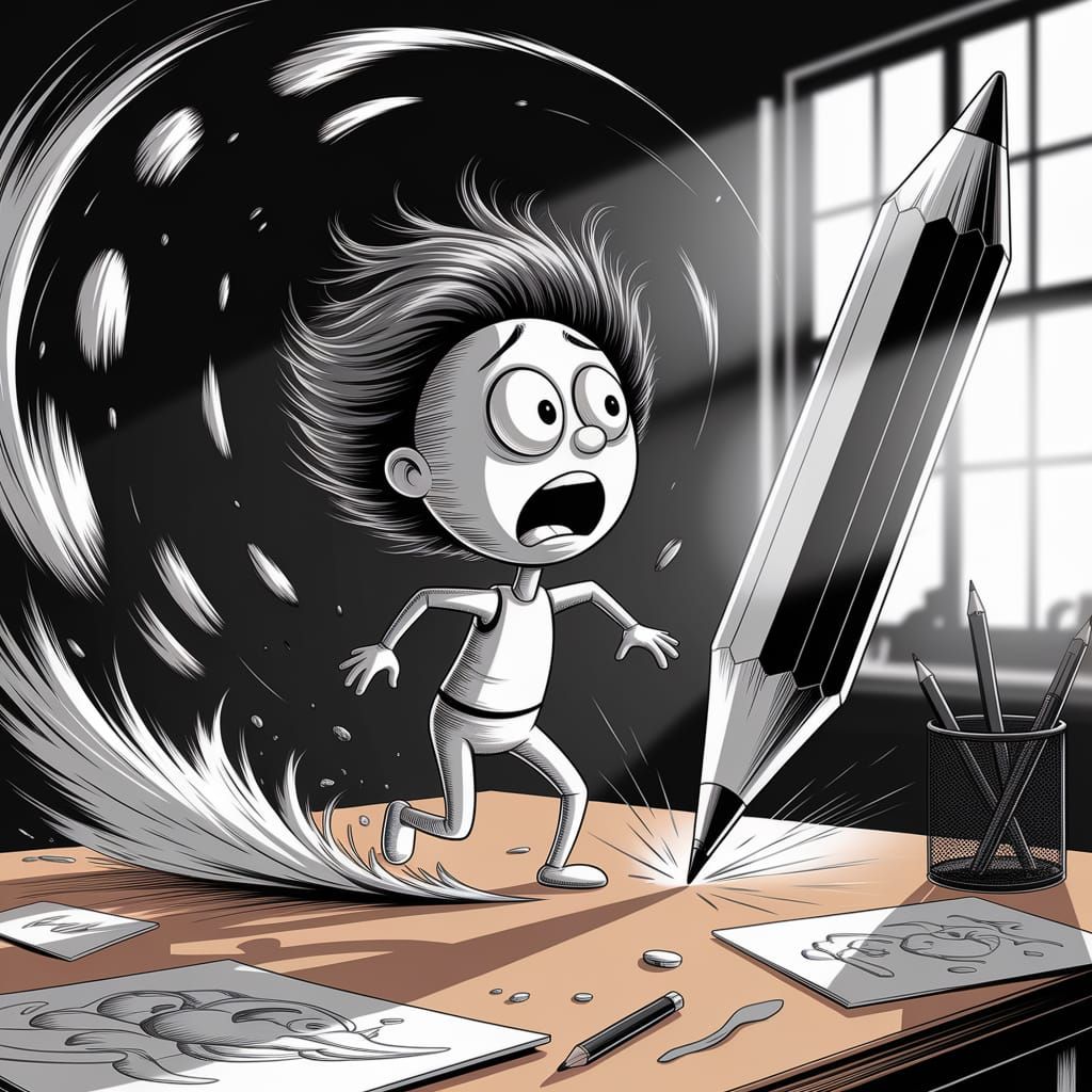 Cartoon Stick Figure Escapes Colossal Pencil in Whimsical De...