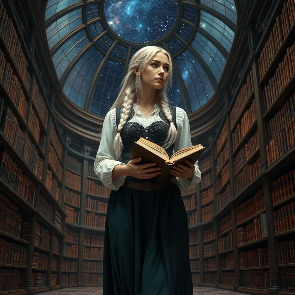 Enigmatic Goddess Surveys Ancient Tomes in Starry Bookstore