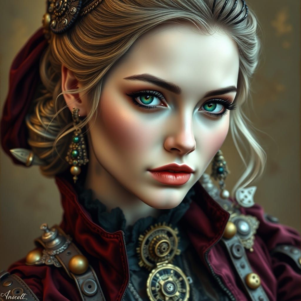 Ethereal Steampunk Noblewoman in Warm Classical Splendor