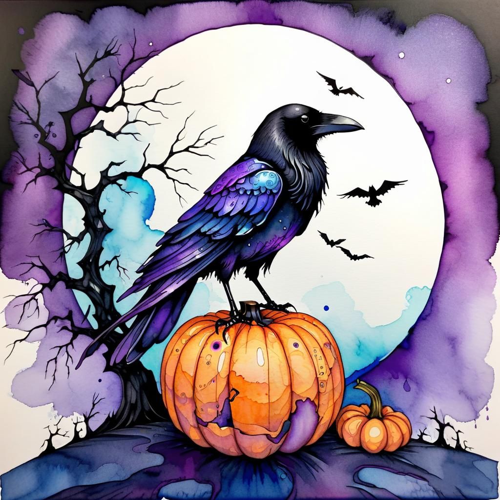 Mysterious Crow on Pumpkin Alcohol-Ink Illustration