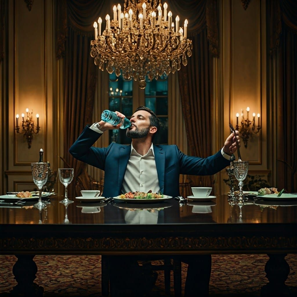 Elegant Man in Hotel Dining Room, Cinematic Style