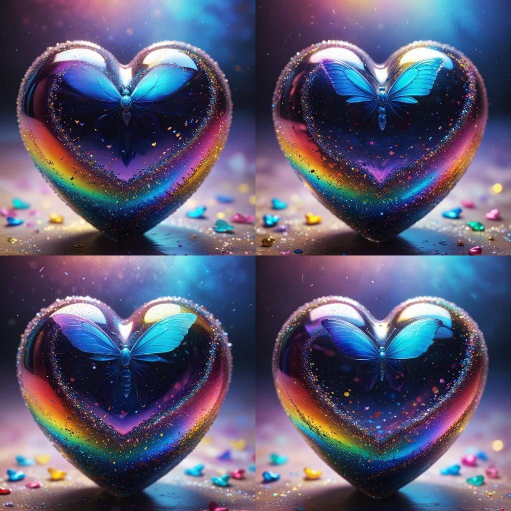 Majestic Iridescent Heart Figurine with Rainbow Core and But...