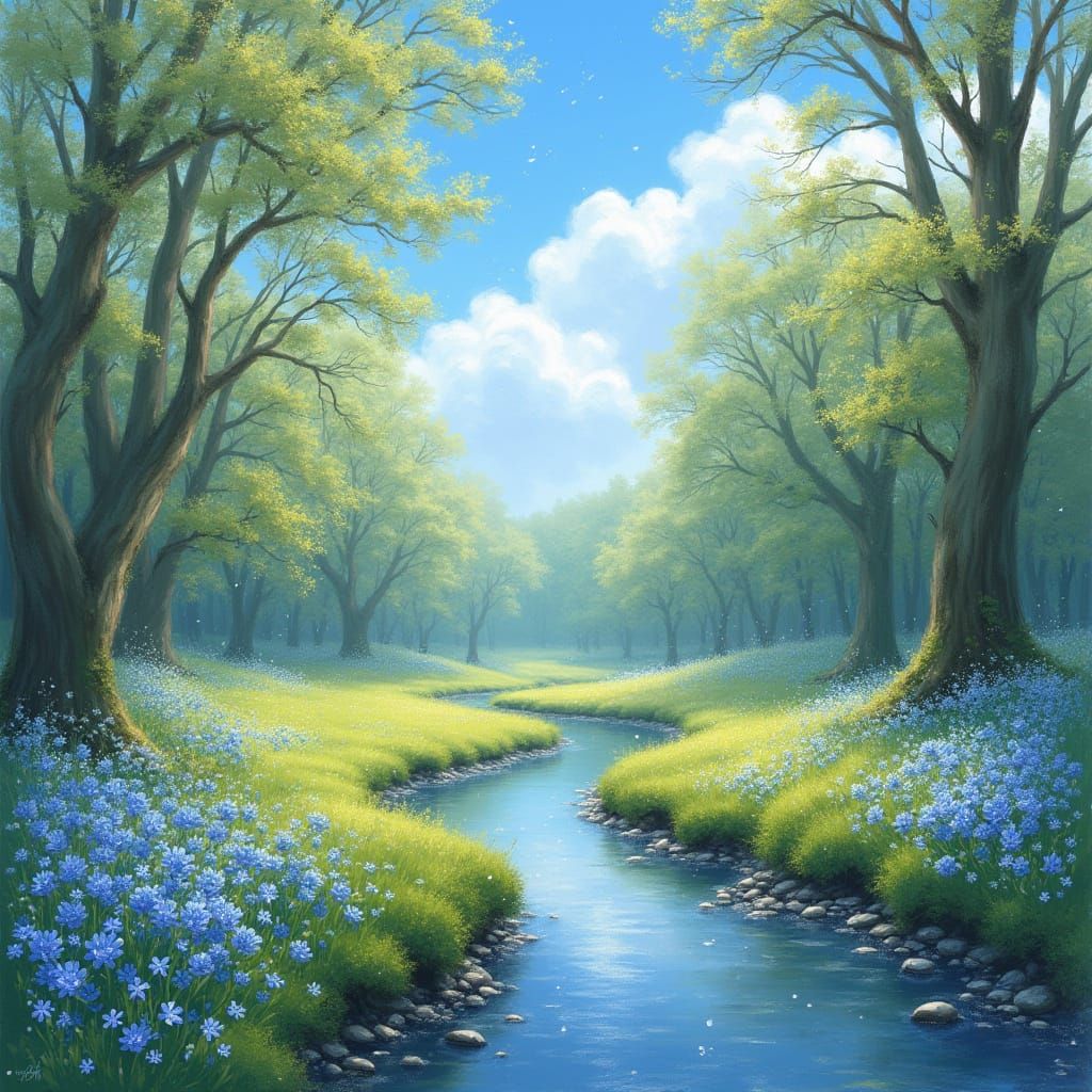 Vibrant Spring Forest Scene in Whimsical Style