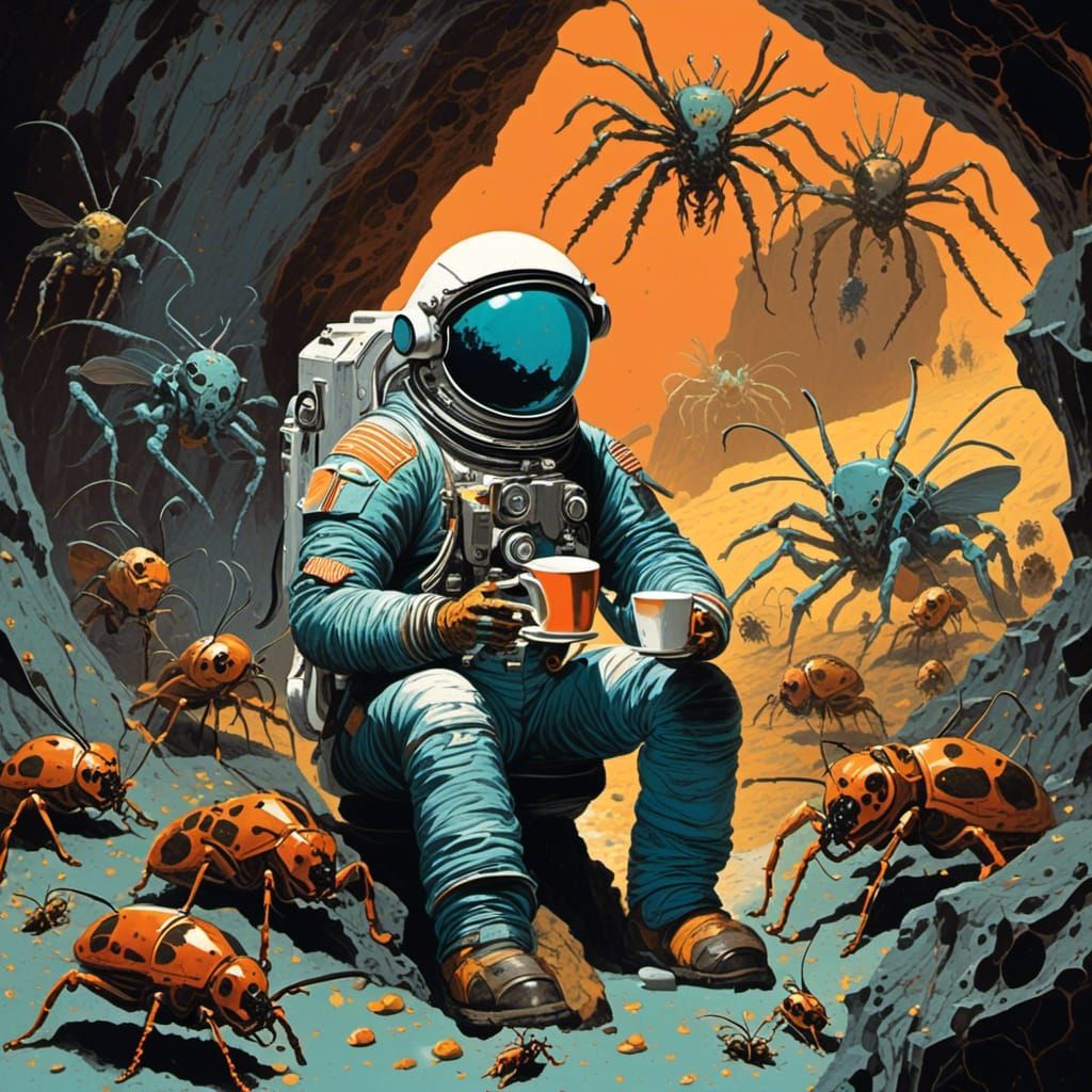 Astronaut's Tea Break with Bug Aliens in Cave