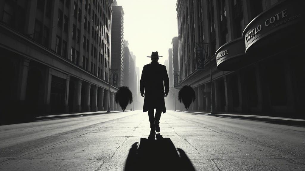 Man in Dark Coat Stands Out in Deserted City Streets with El...
