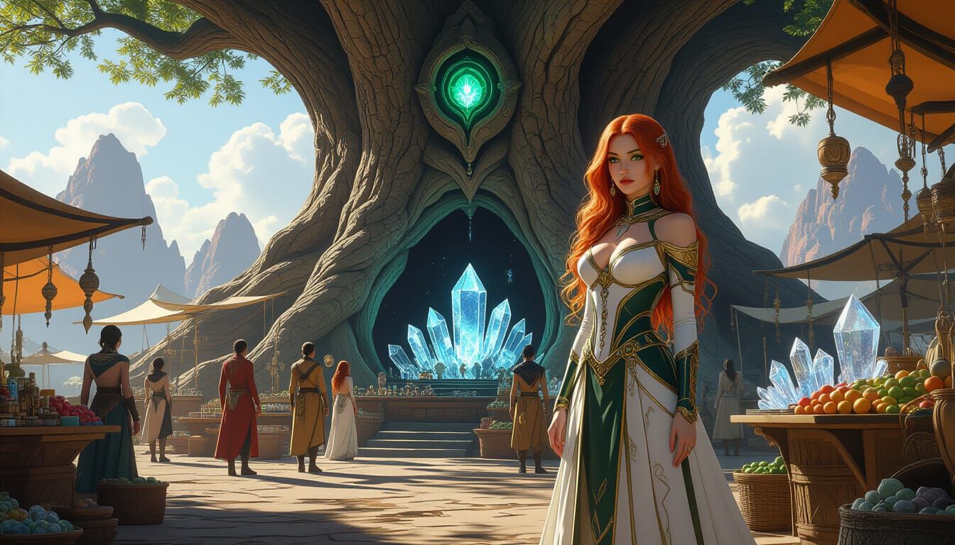 Bustling Alien Marketplace with Redhead Merchant