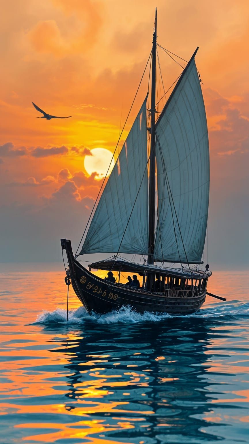 Traditional Boat Adorned with Pucuak Rabuang Carvings Drifts...