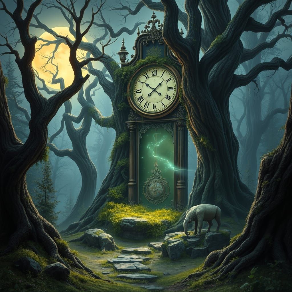 Enchanted Forest Clearing with Mystical Grandfather Clock Po...