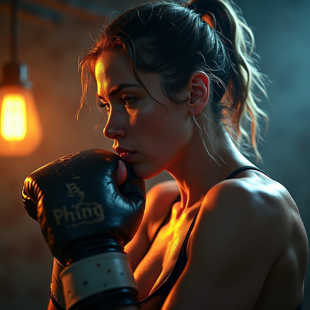 Intensely Focused Female Boxer in Art Nouveau-Inspired Unrea...
