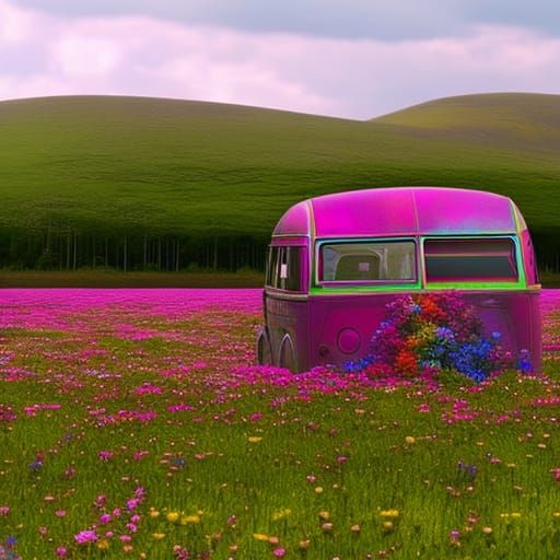 Stained Glass Hippie Bus in Flower Field