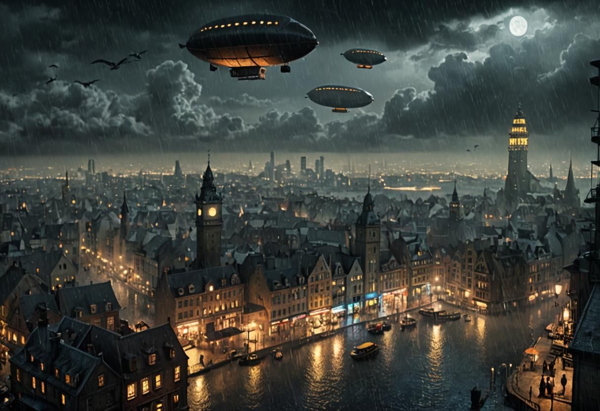 Rainy Harbor City with Zeppelin in Cinematic Style