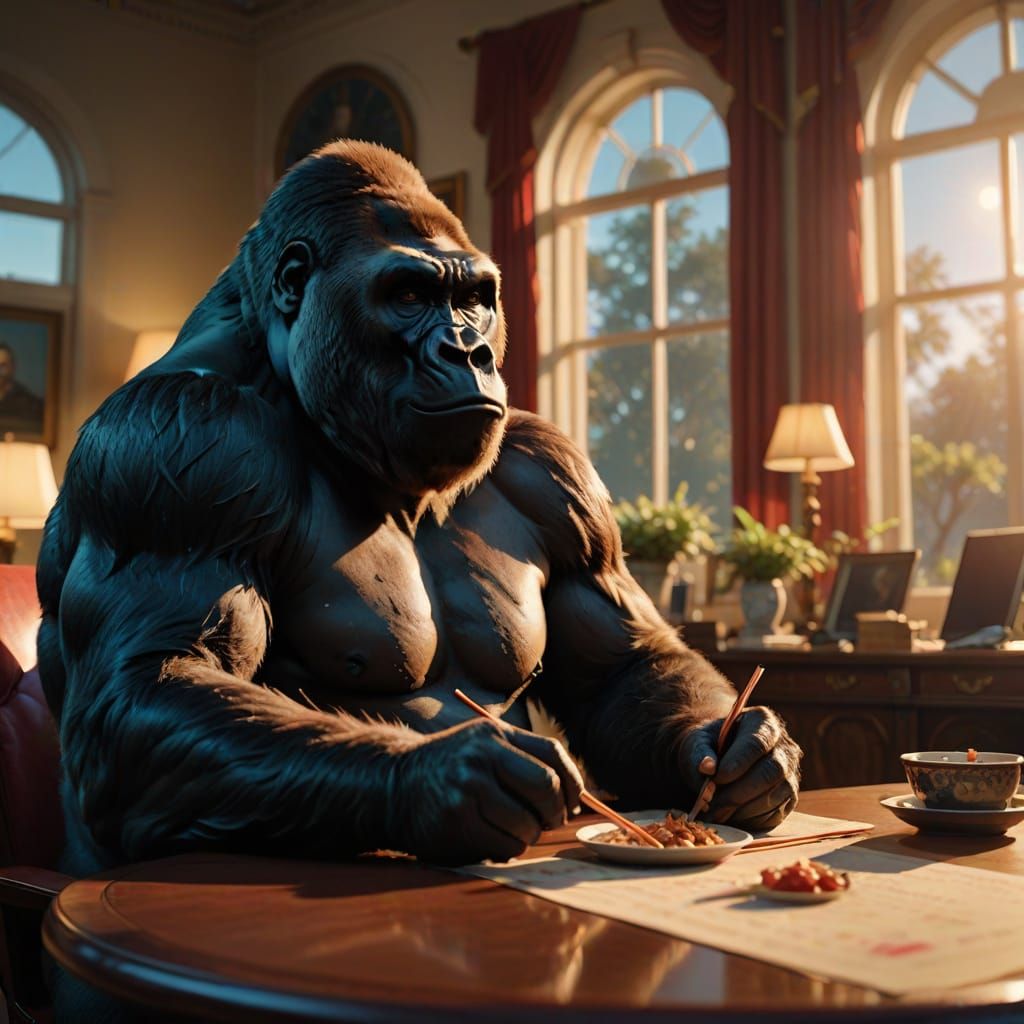 Gorilla in the Oval Office with Chopsticks, Inspired by Cybe...