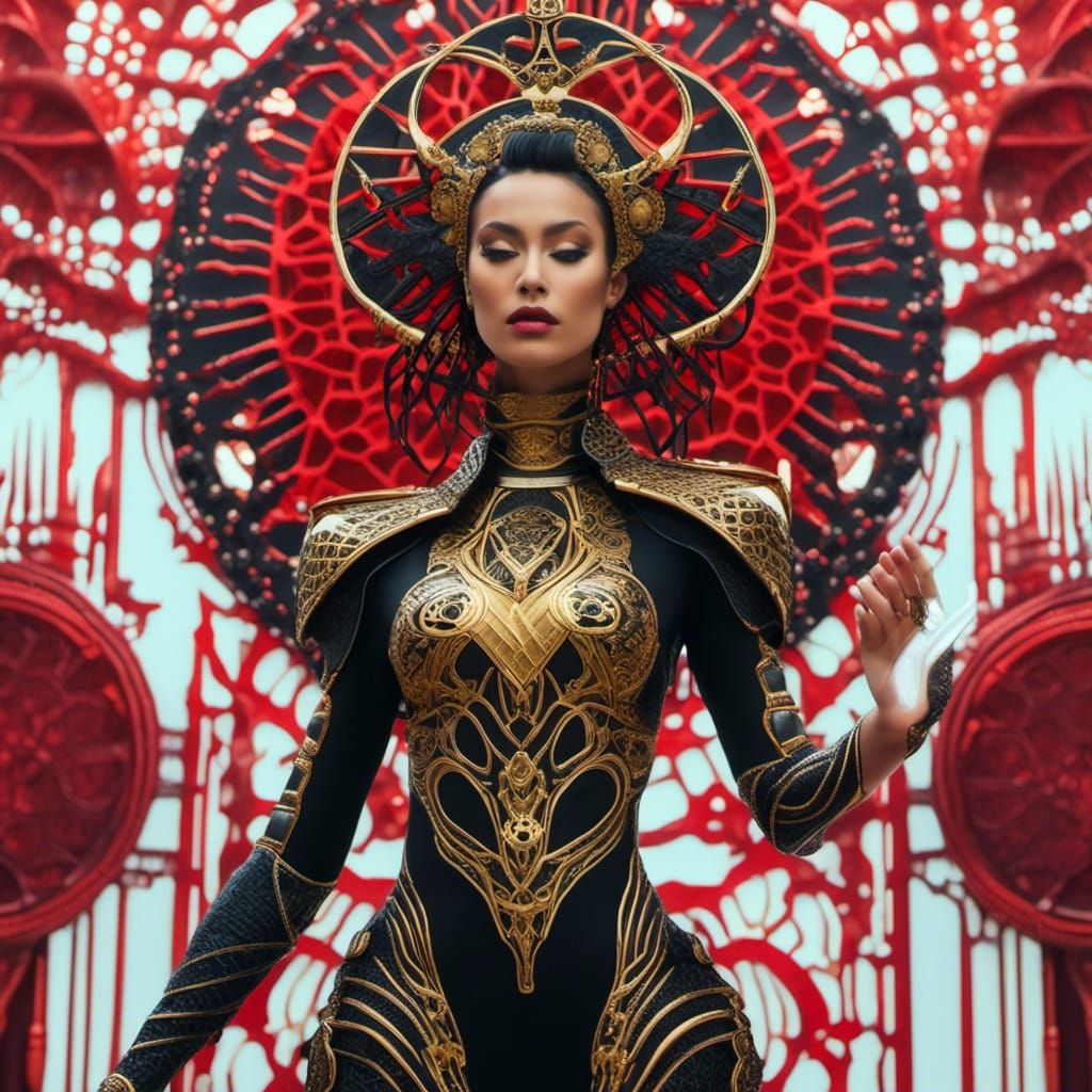 futuristic flamenco dancer in a black dress and shawl<lora:Intricate Android:1.0> cybernetic ornaments and adornments