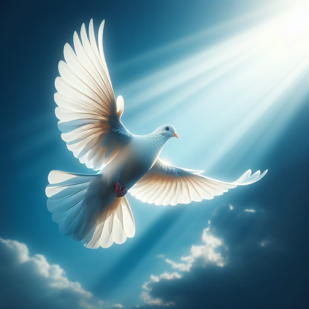 White Dove Soaring in a Blue Sky