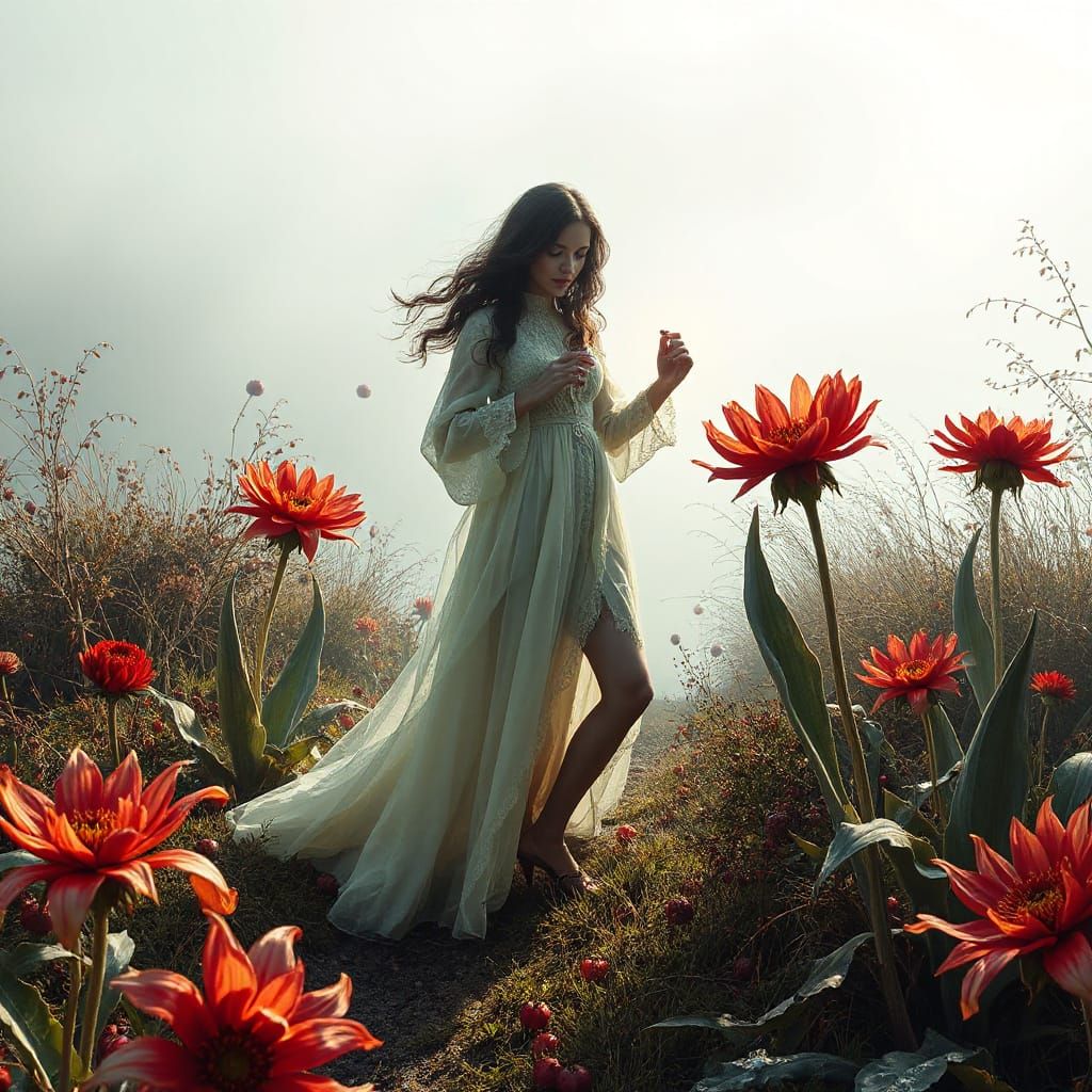 Ethereal Fashionista in Eerie Glowing Garden