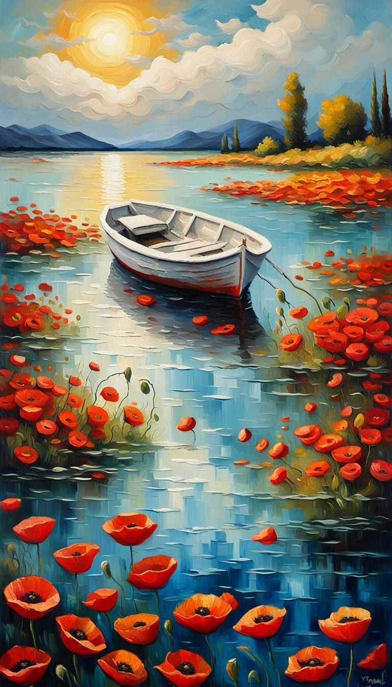 Poppies Surround Weathered Boat in Van Gogh Style
