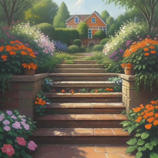 Orange Brick Cottage Garden: Oil Painting
