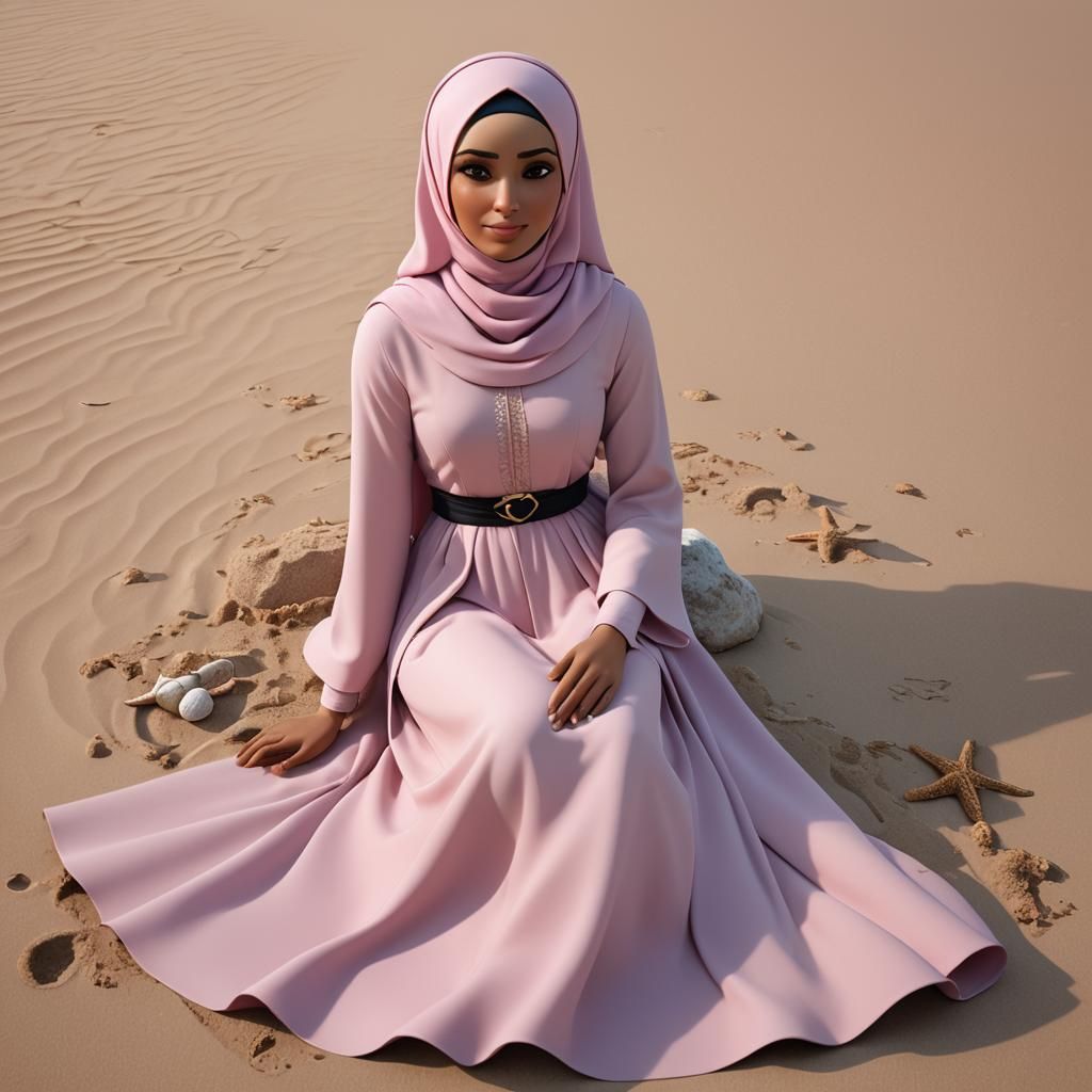 Elegant Hijabi Girl on a Pink Beach