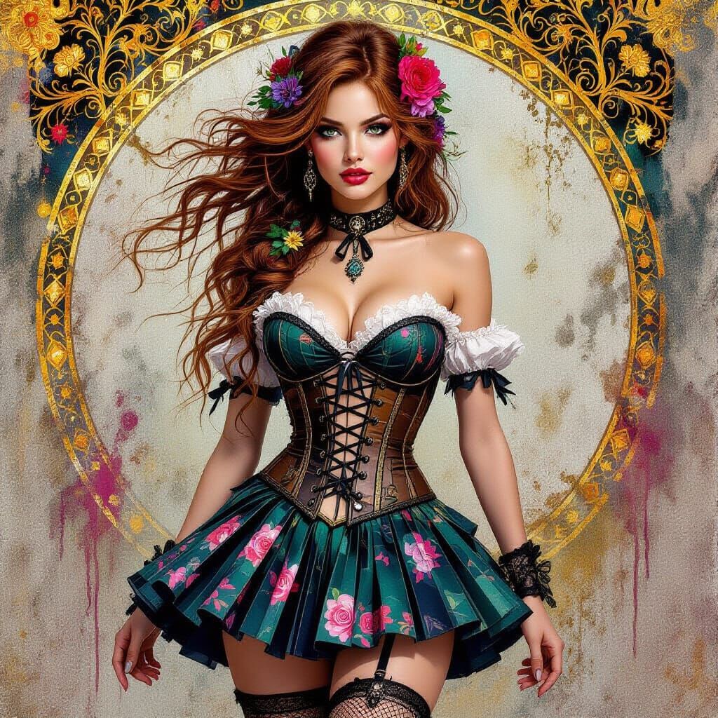 Steampunk Woman with Floral Hair in Klimt Graffiti Style