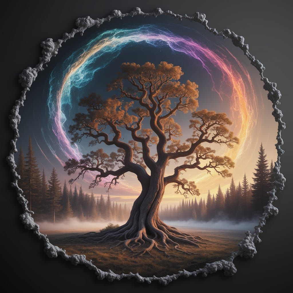 Ancient Oak Tree with Nebula Sky, in Surreal Style