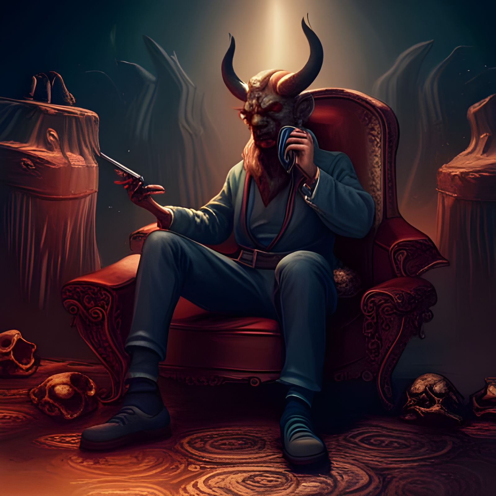 demon asmodeus, sitting at home in Hell, chatting on a cellp...