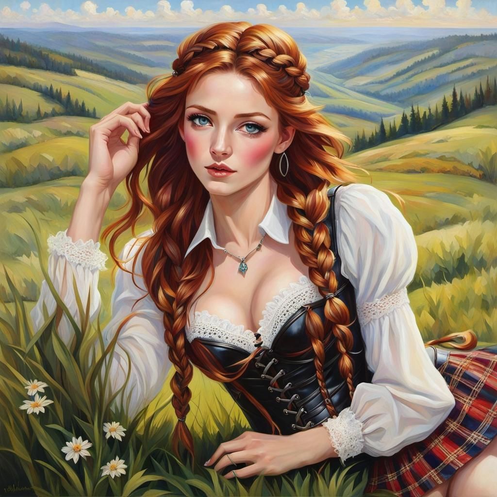 Auburn Haired Beauty on Highlands, Oil Painting