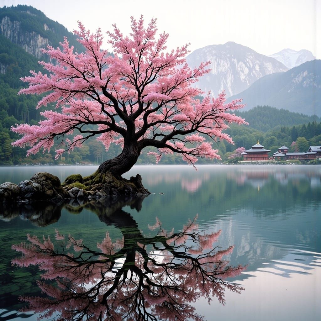 Serene Sakura Tree Reflected in Tranquil Lake