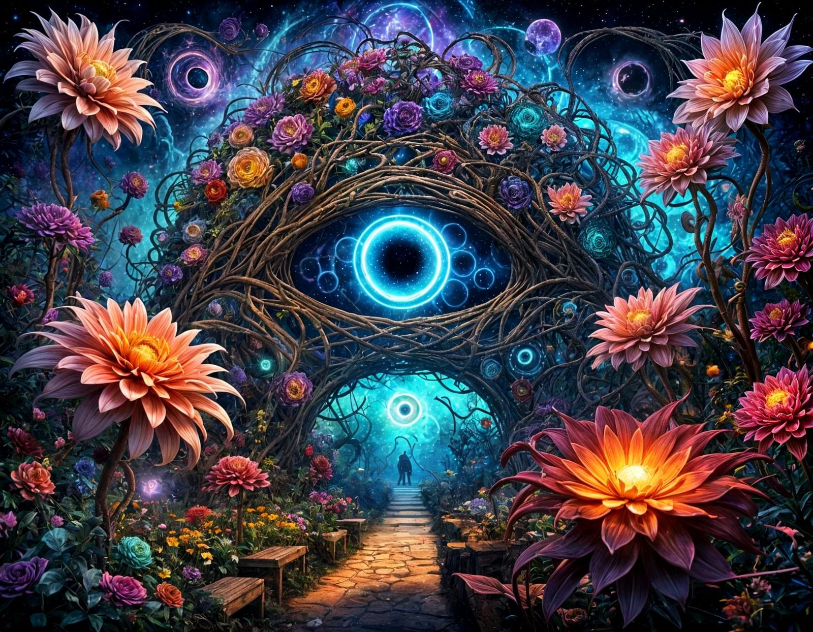 Eldritch Arcane digital art alien garden, creepy goat like e...