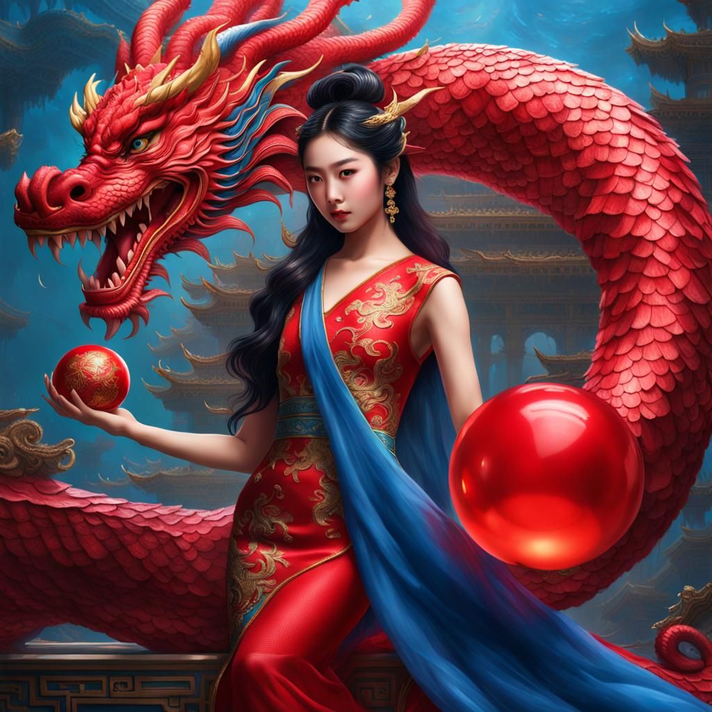 Asian Siren with Dragon and Red Ball