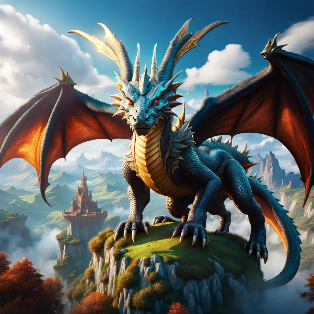Hare-Headed Dragon Flying Over Mythical Landscape